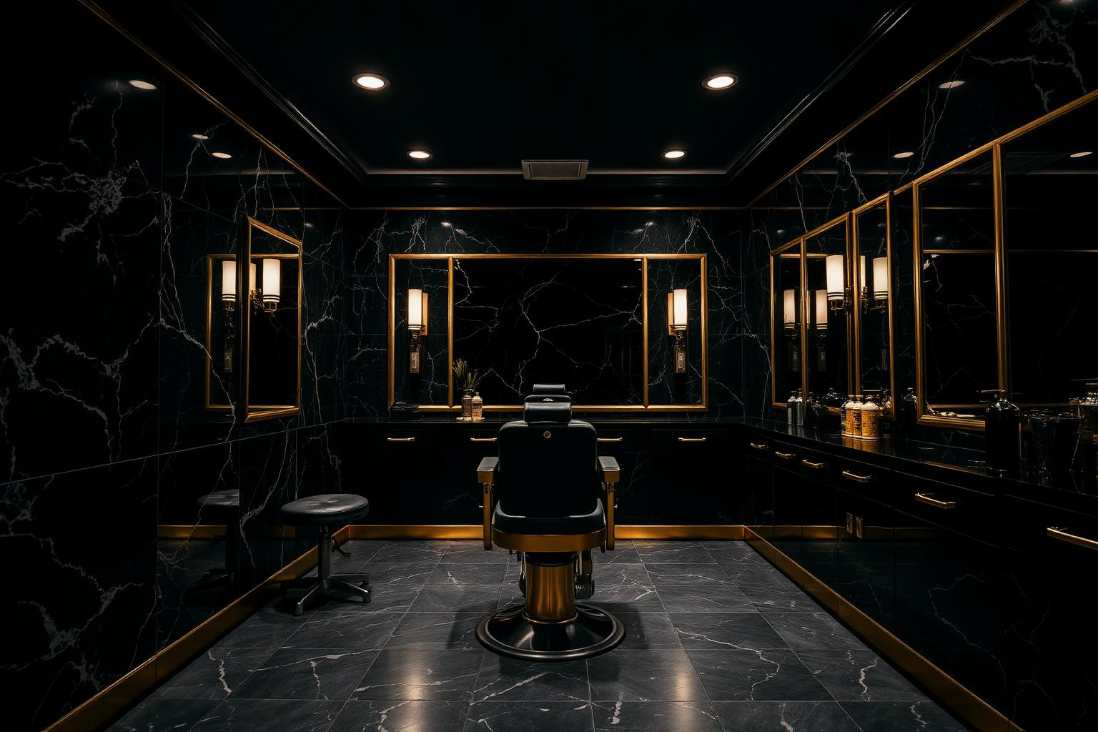 Interior de barbería premium en mármol negro